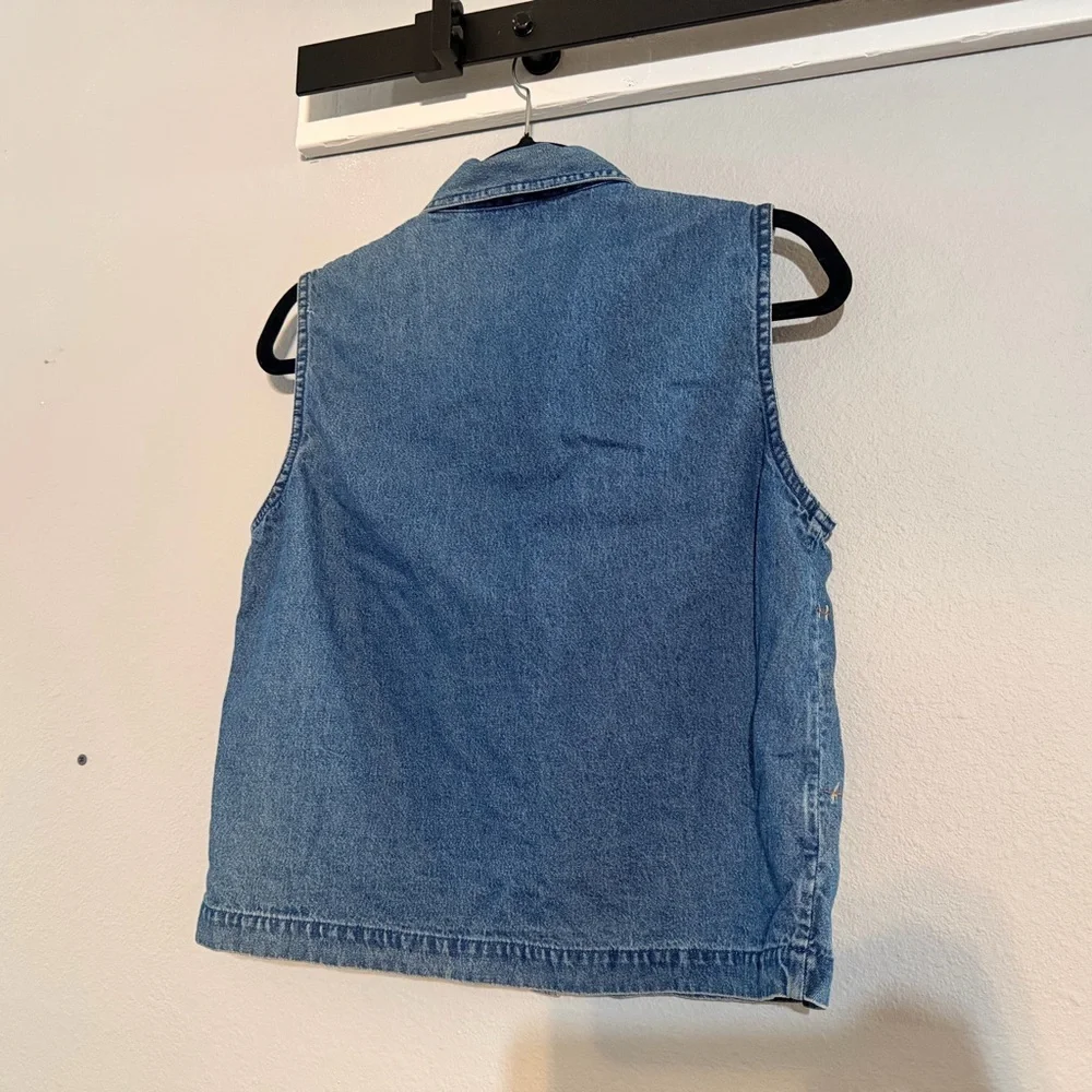 Vtg Embroidered Button Front Denim Vest Size Large Leaves Patchwork Velvet Fall - Picture 7 of 8